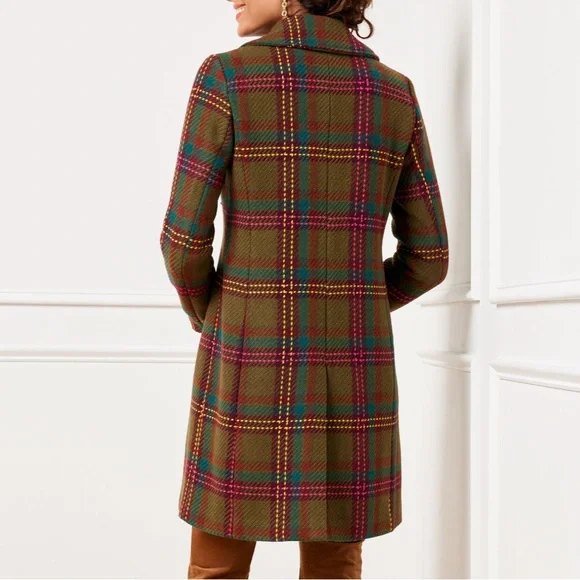 Talbots Wool Blend Olive Green Plaid Coat Petite Medium Like New - Picture 3 of 13